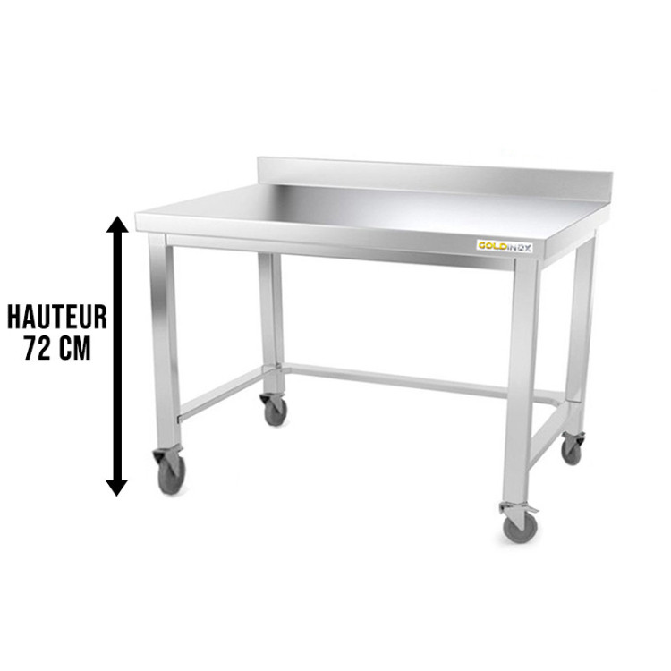 Table inox soubassement 1000 x 700 mm adossée avec renfort sur roulettes / GOLDINOX 