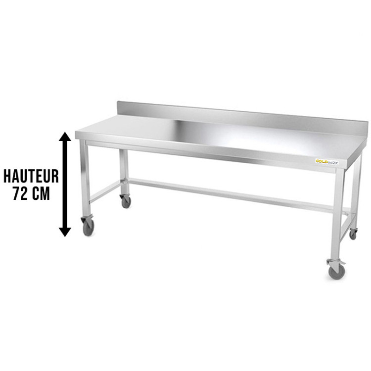 Table inox soubassement 1800 x 700 mm adossée avec renfort sur roulettes / GOLDINOX 