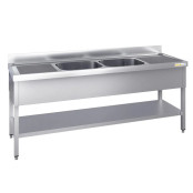 Plonge inox 1800x600mm avec 2 bacs au centre et égouttoir gauche et droite PREMIUM - GOLDINOX