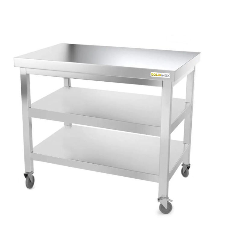 Table inox 1000 x 800 mm avec 2 étagères sur roulettes / GOLDINOX