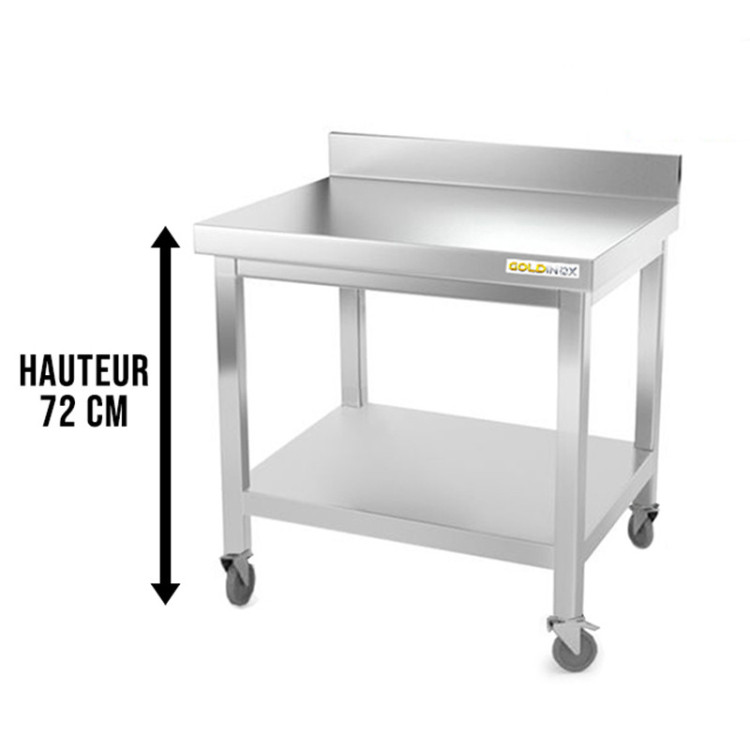 Table inox soubassement 800 x 800 mm adossée sur roulettes / GOLDINOX 