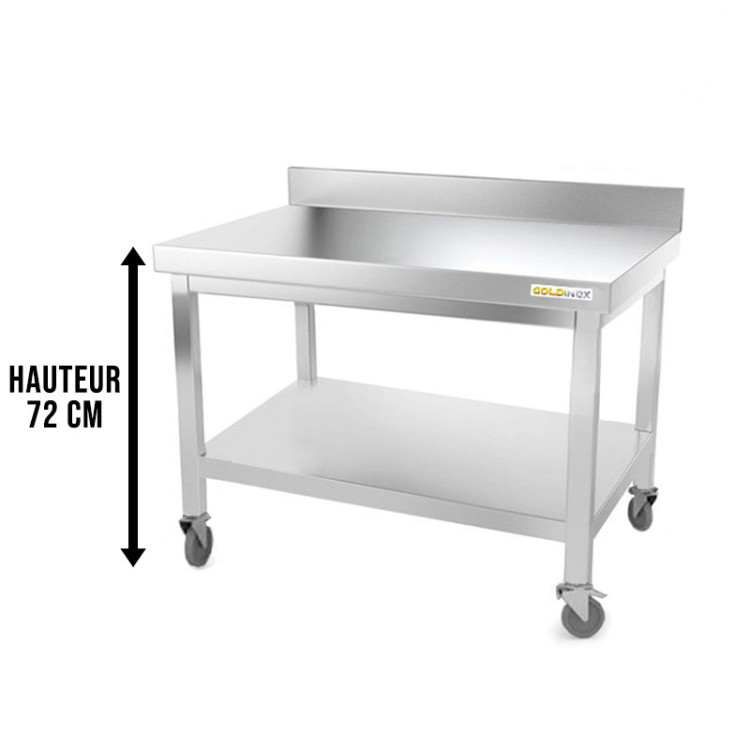 Table inox soubassement 1200 x 800 mm adossée sur roulettes / GOLDINOX 