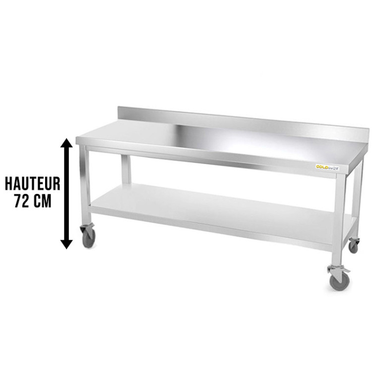 Table inox soubassement 1800 x 800 mm adossée sur roulettes / GOLDINOX 