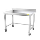 Table inox soubassement 1200 x 800 mm adossée avec renfort sur roulettes / GOLDINOX 