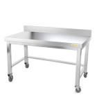 Table inox soubassement 1400 x 800 mm adossée avec renfort sur roulettes / GOLDINOX 