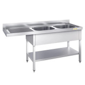 Plonge lave-vaisselle inox 2 bacs - 2000 x 600 mm égouttoir gauche PREMIUM / GOLDINOX