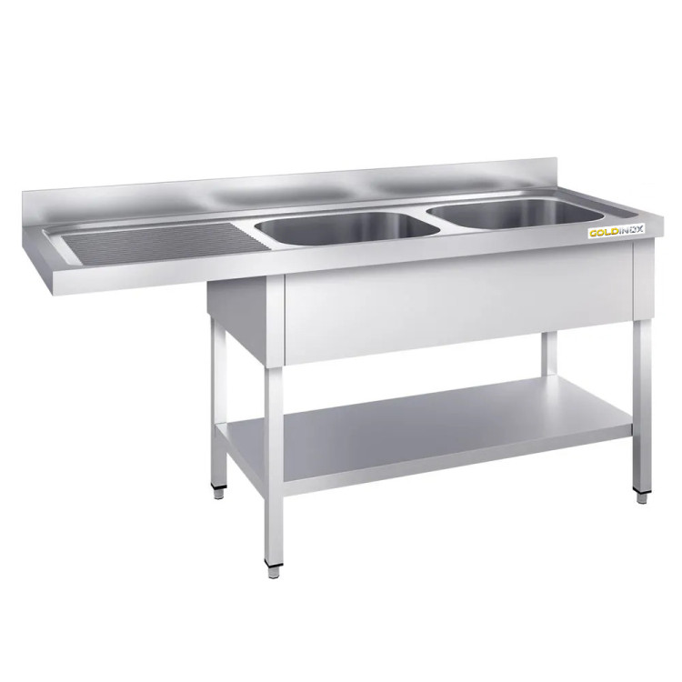 Plonge lave-vaisselle inox 2 bacs - 2000 x 700 mm égouttoir gauche PREMIUM / GOLDINOX