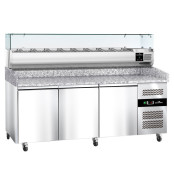 Meuble à pizza réfrigéré Tropicalisée 3 portes avec vitrine ingrédients (9x GN1/3) PREMIUM - GOLDINOX
