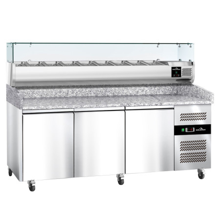 Meuble à pizza réfrigéré Tropicalisée 3 portes avec vitrine ingrédients (9x GN1/3) PREMIUM - GOLDINOX