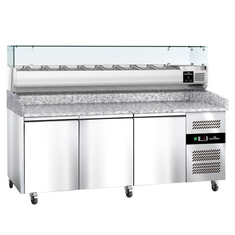 Meuble à pizza réfrigéré Tropicalisée 3 portes avec vitrine ingrédients (9x GN1/3) PREMIUM - GOLDINOX