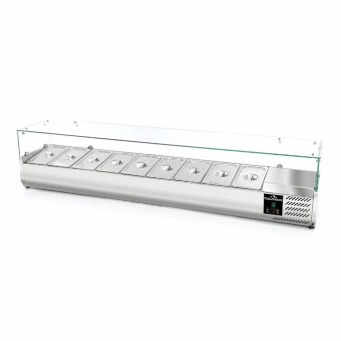 Meuble à pizza réfrigéré Tropicalisée 3 portes avec vitrine ingrédients (9x GN1/3) PREMIUM - GOLDINOX