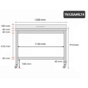 Table inox 1200 x 500 mm adossée sur roulettes / GOLDINOX