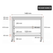 Table inox 1400 x 500 mm avec 2 étagères sur roulettes / GOLDINOX