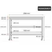 Table inox 2000 x 500 mm avec 2 étagères sur roulettes / GOLDINOX