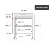 Table inox 500 x 500 mm adossée avec 2 étagères sur roulettes / GOLDINOX