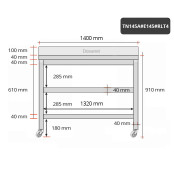 Table inox 1400 x 500 mm adossée avec 2 étagères sur roulettes / GOLDINOX