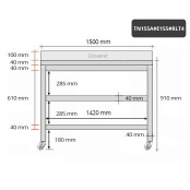 Table inox 1500 x 500 mm adossée avec 2 étagères sur roulettes / GOLDINOX