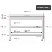 Table inox 1800 x 500 mm adossée avec 2 étagères sur roulettes / GOLDINOX