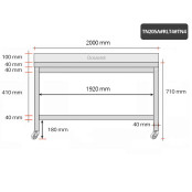 Table inox soubassement 2000 x 500 mm adossée sur roulettes / GOLDINOX