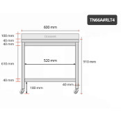 Table inox 600 x 600 mm adossée sur roulettes PREMIUM / GOLDINOX