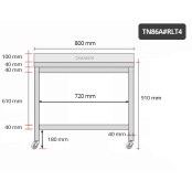 Table inox 600 x 600 mm adossée sur roulettes PREMIUM / GOLDINOX