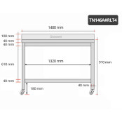 Table inox 1400 x 600 mm adossée sur roulettes PREMIUM / GOLDINOX