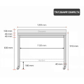 Table inox 1200 x 600 mm adossée avec renfort sur roulettes / GOLDINOX