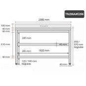 Table inox 2000 x 600 mm adossée avec 2 étagères / GOLDINOX