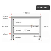 Table inox 1400 x 600 mm avec 2 étagères sur roulettes / GOLDINOX