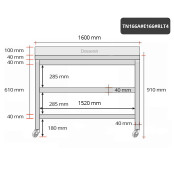 Table inox 1600 x 600 mm adossée avec 2 étagères sur roulettes / GOLDINOX