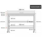 Table inox 2000 x 600 mm adossée avec 2 étagères sur roulettes / GOLDINOX