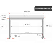 Table inox soubassement 2000 x 600 mm adossée avec renfort sur roulettes / GOLDINOX 