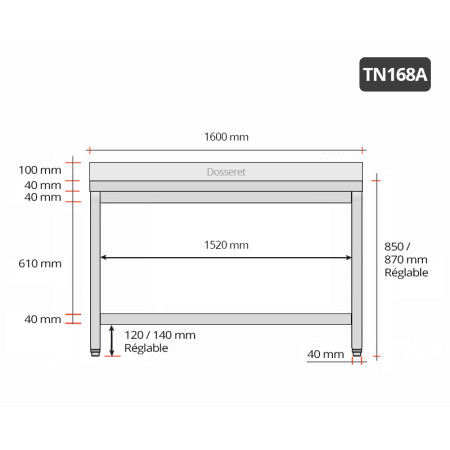 Table inox 1600 x 800 mm adossée / GOLDINOX