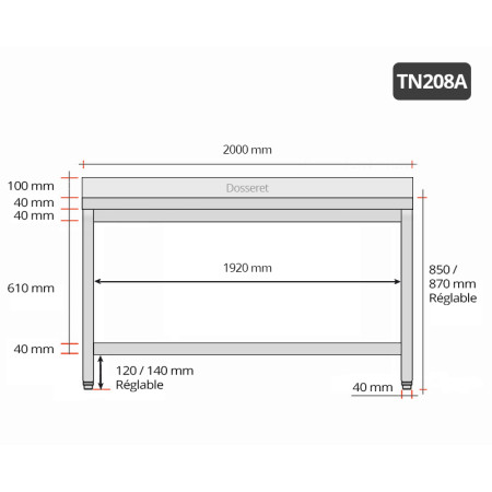 Table inox 2000 x 800 mm adossée / GOLDINOX