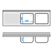 Plonge inox 2 bacs - 2000 x 600 mm égouttoir gauche ECO / GOLDINOX 