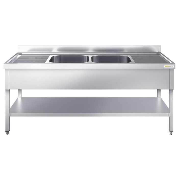 Plonge inox 2 bacs - 2000 x 600 mm égouttoir droite et gauche PREMIUM - GOLDINOX