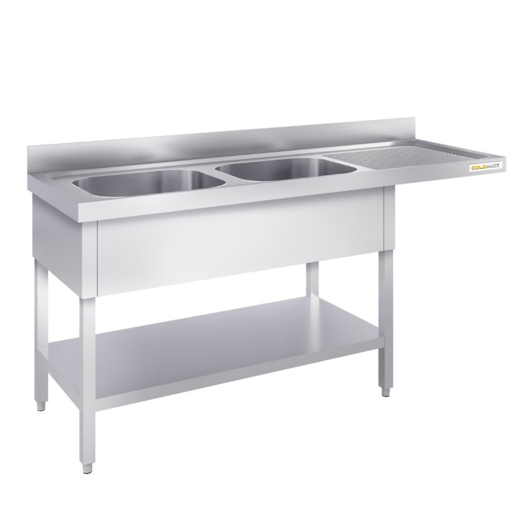 Plonge lave-vaisselle inox 2 bacs - 1600 x 600 mm égouttoir droit PREMIUM / GOLDINOX