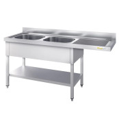 Plonge lave-vaisselle inox 2 bacs - 1600 x 600 mm égouttoir droit PREMIUM / GOLDINOX