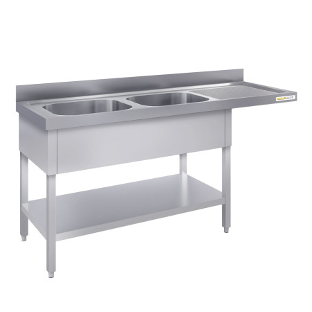 Plonge lave-vaisselle inox 2 bacs - 1800 x 600 mm égouttoir droite ECO / GOLDINOX