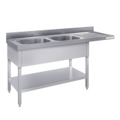 Plonge lave-vaisselle inox 2 bacs - 2000 x 600 mm égouttoir droite ECO / GOLDINOX