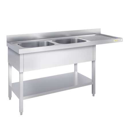 Plonge lave-vaisselle inox 2 bacs - 1600 x 700 mm égouttoir droite PREMIUM / GOLDINOX