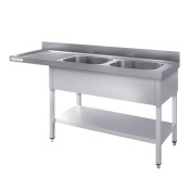 Plonge lave-vaisselle inox 2 bacs - 1600 x 700 mm égouttoir gauche ECO / GOLDINOX