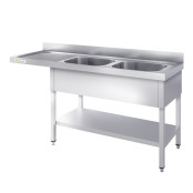 Plonge lave-vaisselle inox 2 bacs - 1600 x 700 mm égouttoir gauche PREMIUM / GOLDINOX