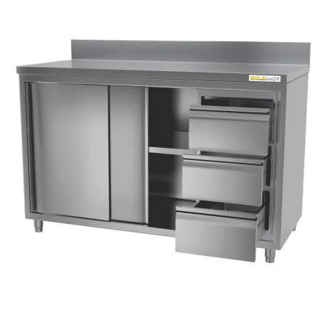 Meuble bas inox 1400 x 600 mm adossée avec 3 tiroirs droit ECO / GOLDINOX