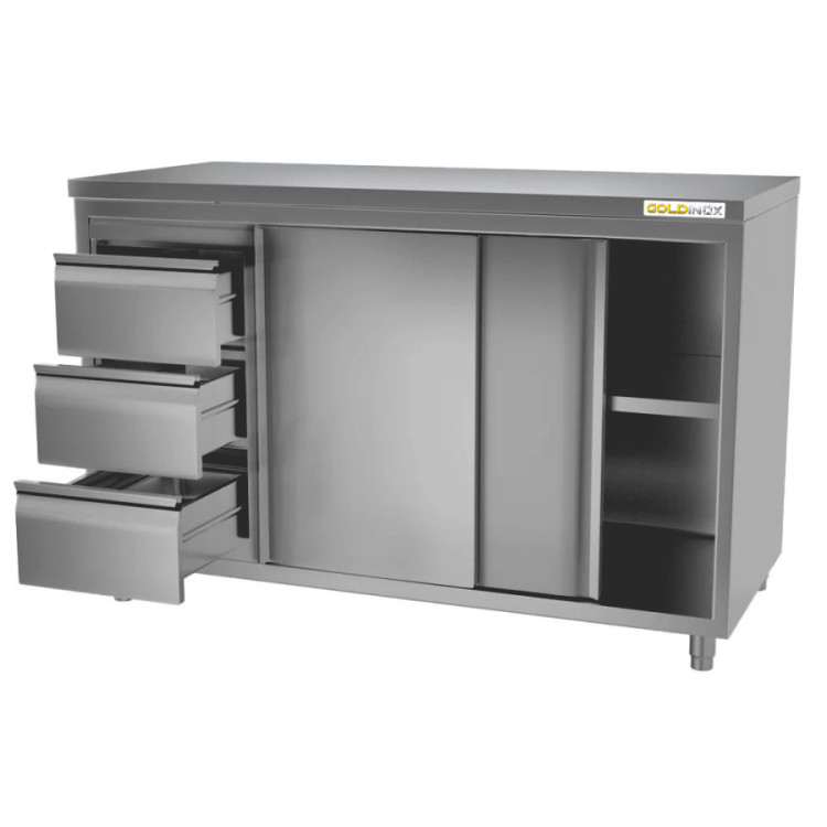 Meuble bas inox 1500 x 600 mm avec 3 tiroirs gauche ECO / GOLDINOX