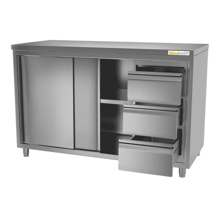 Meuble bas inox 1600 x 600 mm avec 3 tiroirs droit ECO / GOLDINOX