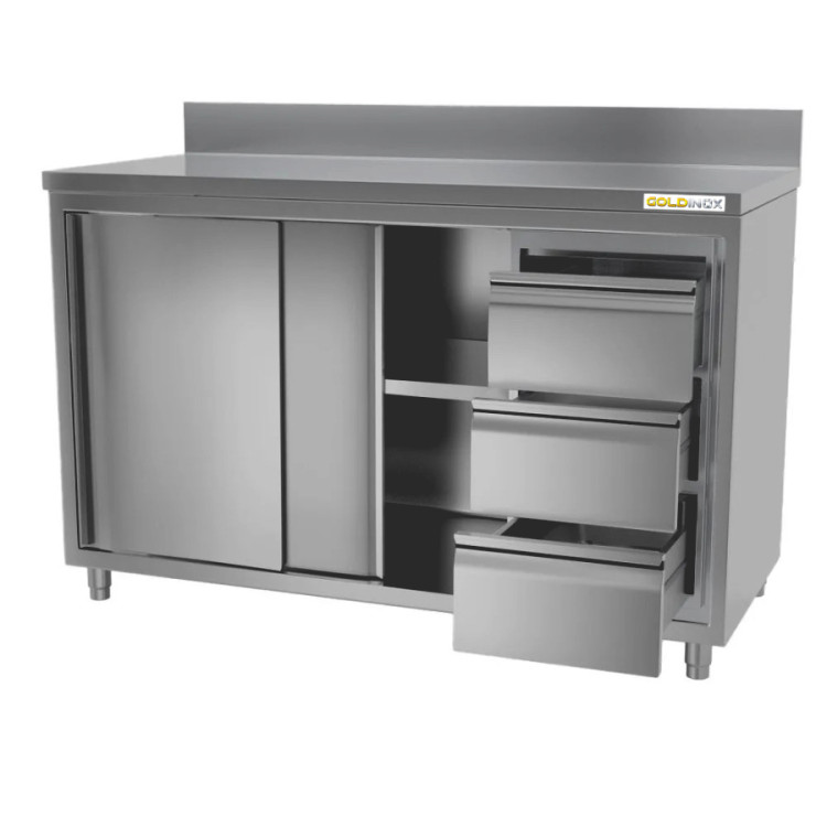 Meuble bas inox 1400 x 700 mm adossée avec 3 tiroirs droit ECO / GOLDINOX