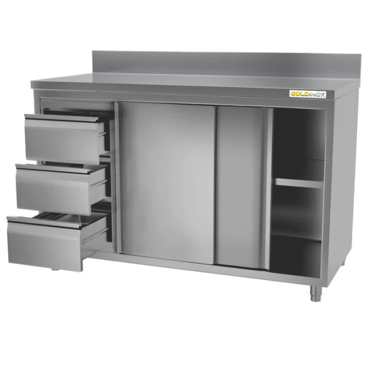 Meuble bas inox 1400 x 700 mm adossée avec 3 tiroirs gauche ECO / GOLDINOX