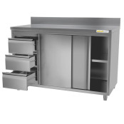 Meuble bas inox 1500 x 700 mm adossée avec 3 tiroirs gauche ECO / GOLDINOX