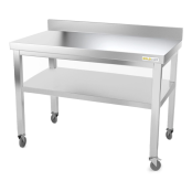 Table inox 1200 x 500 mm adossée sur roulettes / GOLDINOX